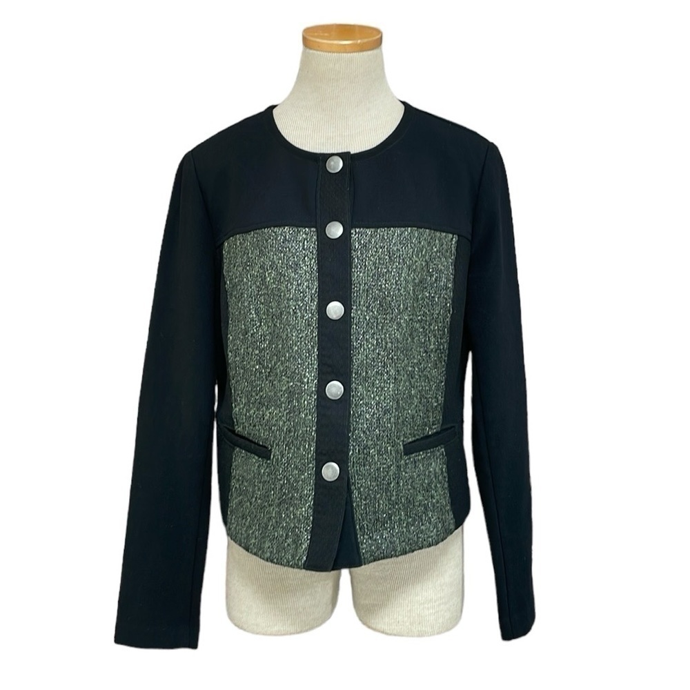 Cabi Jacket Women's Medium Green Black Mixed Media Blazer Cropped Snap Buttons